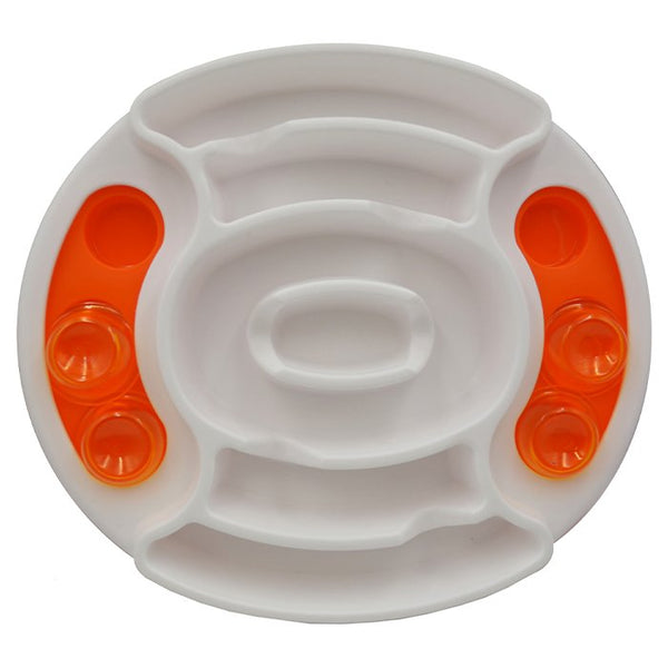 Slow down your eager eater with Scream® Slow Feed Puzzle Bowl. This Interactive bowl is a slow feeder and puzzle toy in one! The middle of the bowl acts as a slow feeder and the sides are an interactive puzzle game. Dog Enrichment.