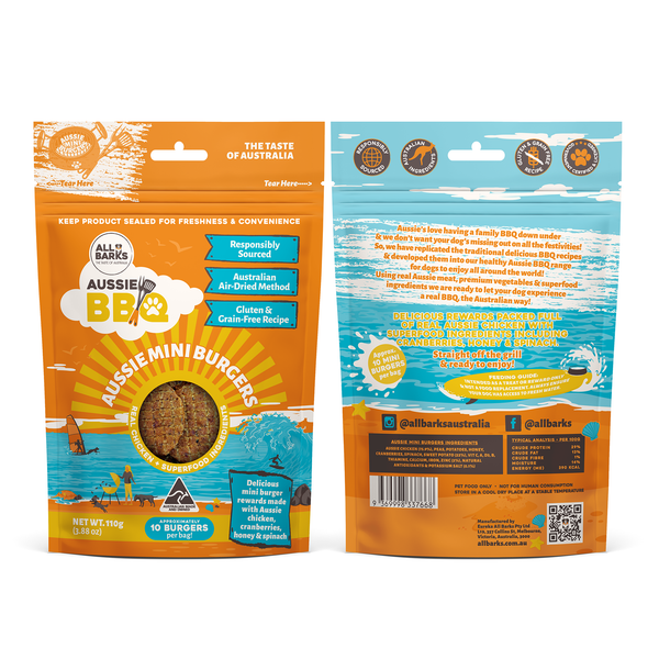 All Barks Aussie BBQ Aussie Mini Burgers. Australian Made Dog Treats. Perfect Dog Snack or training reward