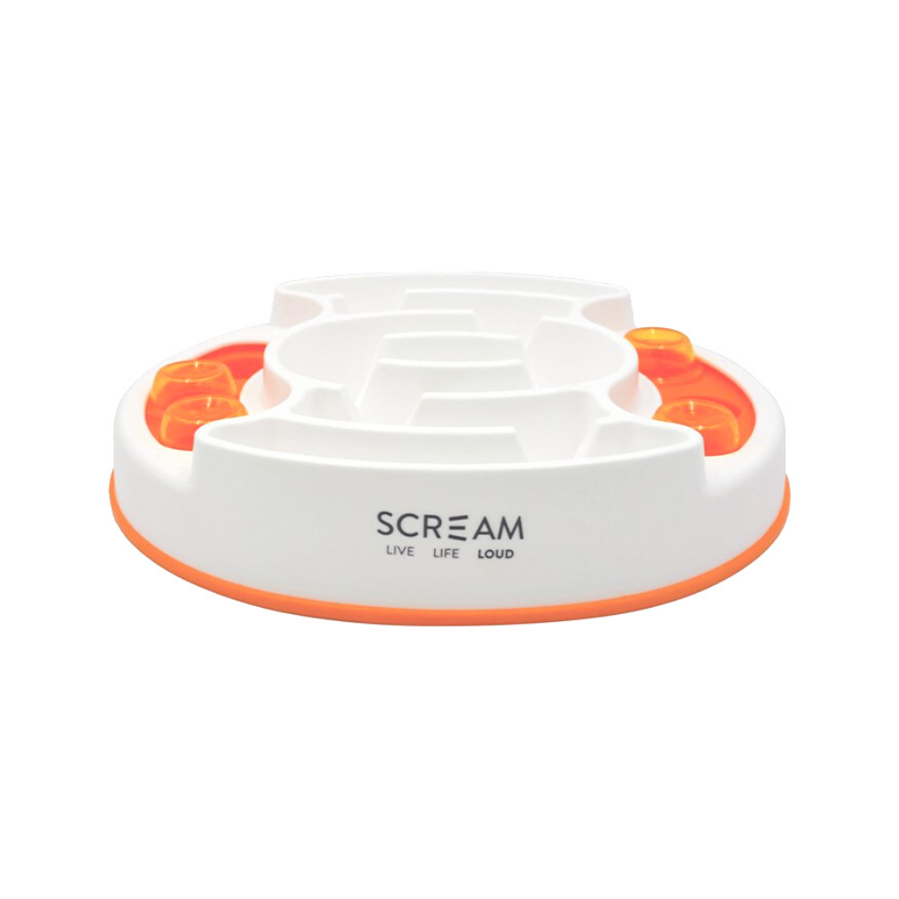 Slow down your eager eater with Scream® Slow Feed Puzzle Bowl. This Interactive bowl is a slow feeder and puzzle toy in one! The middle of the bowl acts as a slow feeder and the sides are an interactive puzzle game. Dog Enrichment.