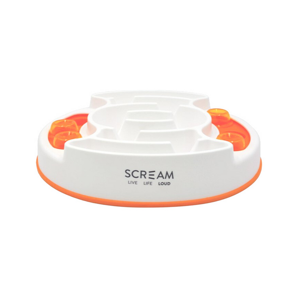 Slow down your eager eater with Scream® Slow Feed Puzzle Bowl. This Interactive bowl is a slow feeder and puzzle toy in one! The middle of the bowl acts as a slow feeder and the sides are an interactive puzzle game. Dog Enrichment.