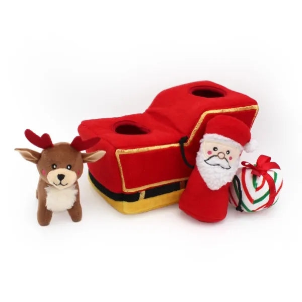 Zippy Paws Holiday Burrow Dog Toy - Santa's Sleigh + 3 Squeaky Toys